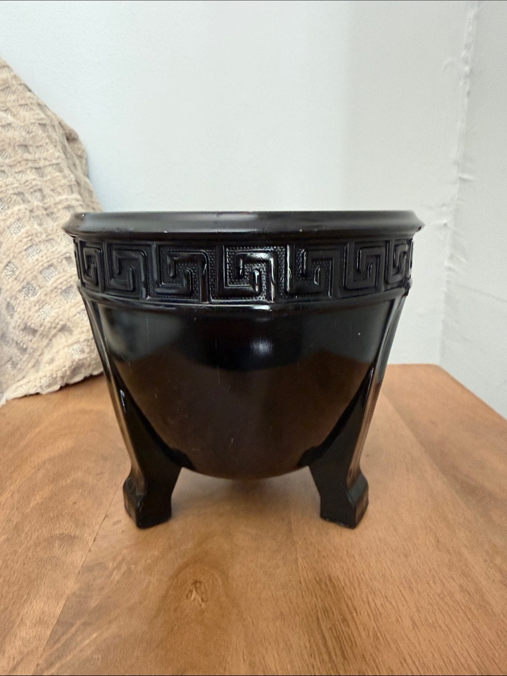 Vintage Black Greek Key Ceramic Vase | Embossed Meander Pattern